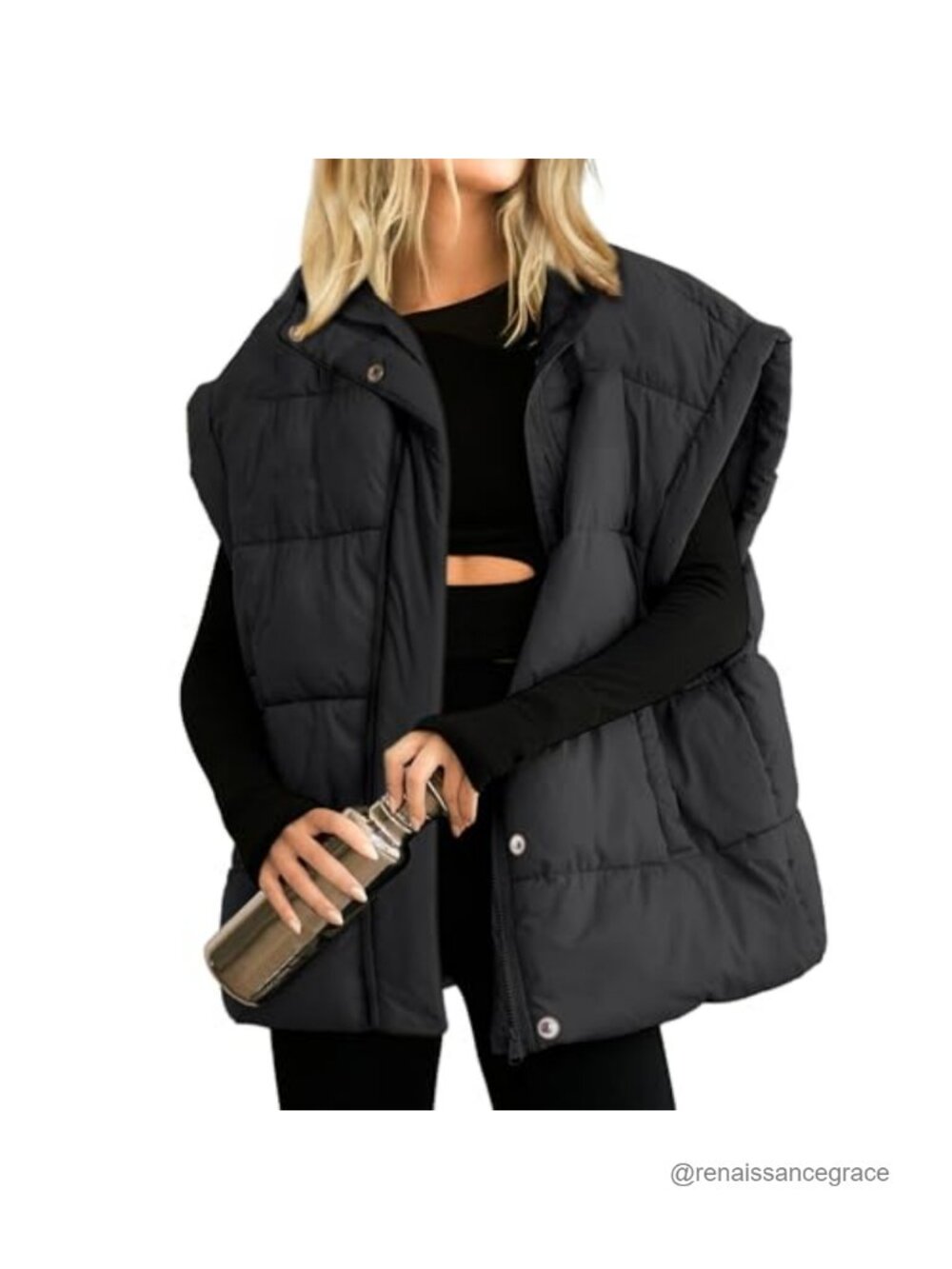 Women's Oversized Quilted Puffer Vest Full Zip Sleeveless Warm Outwear